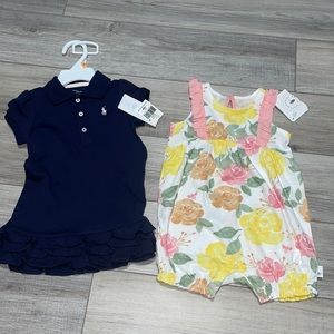 Baby Girl Bundle: New Ralph Lauren Navy Dress and Burts Bee Floral onesie